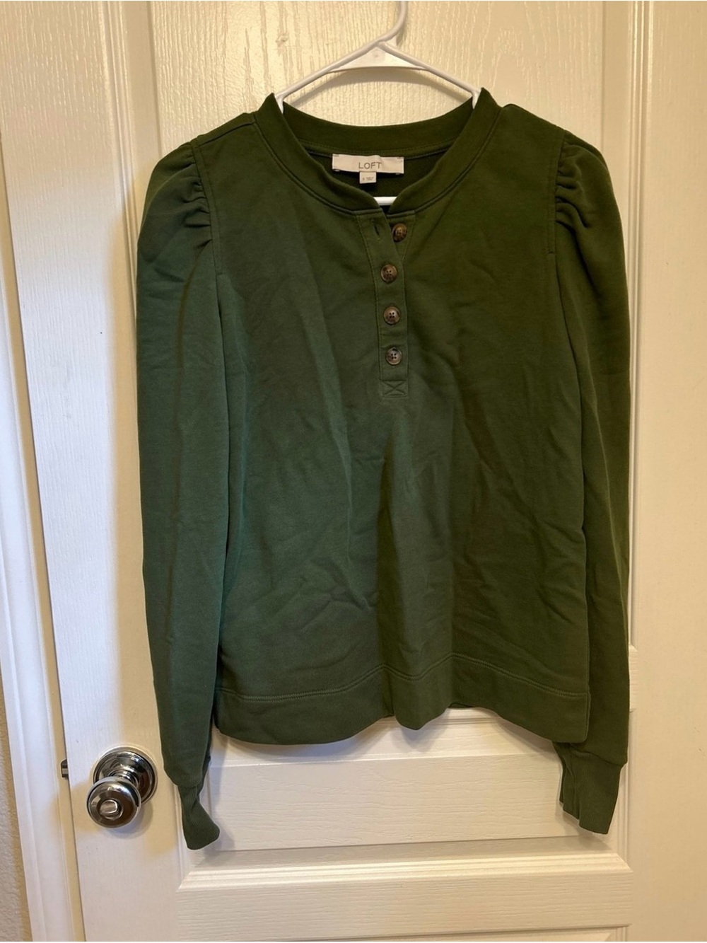 LOFT Olive Button-Up Puff Shoulder Pullover